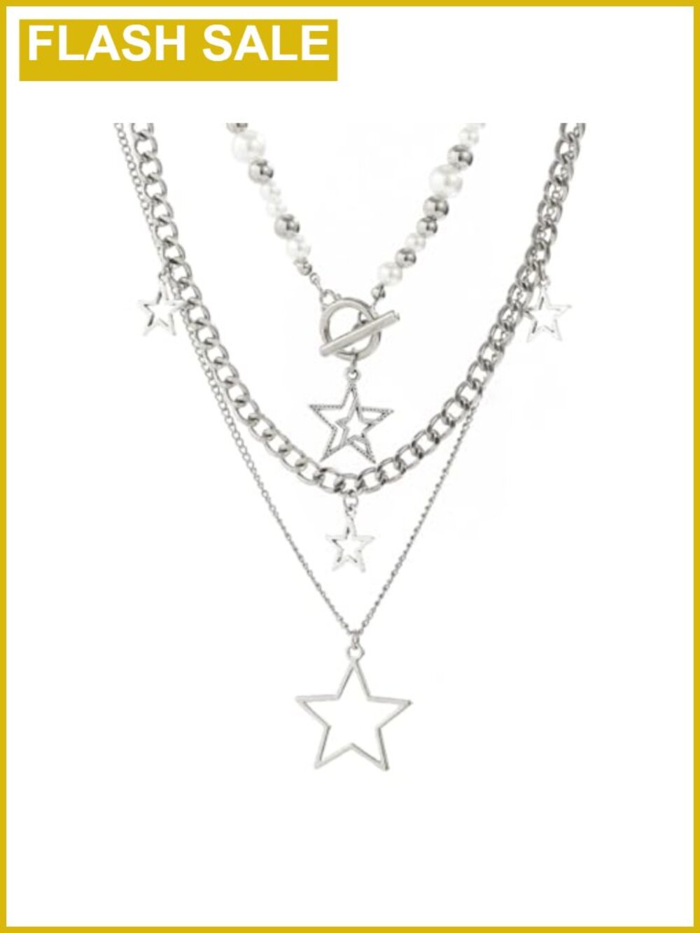 Star Y2K Silver Layered Necklace Set Sterling Silver Plated Toggle Chain Grunge